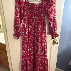 Red Floral Smocked Maxi Dress with Puff Sleeves